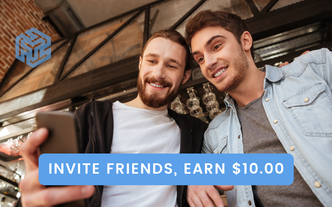 Two young men looking at phone and smiling with the text Invite Friends, Earn $10